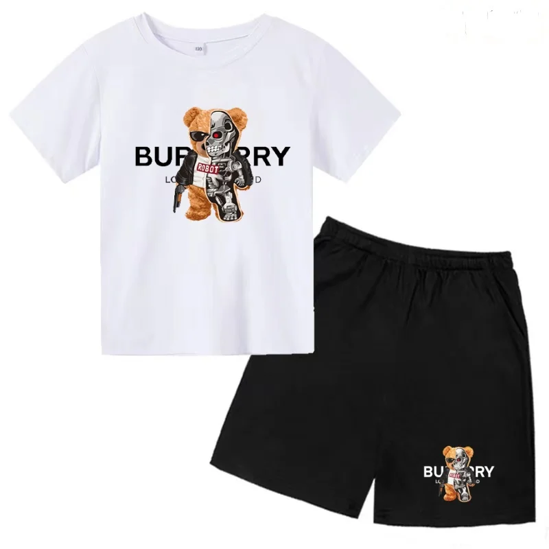 

Kids T-shirt Summer Round-Necked Cute Street Bear Print Boy Girls 3-12Years Top+Shorts Two-piece Set Simple Casual Handsome Set