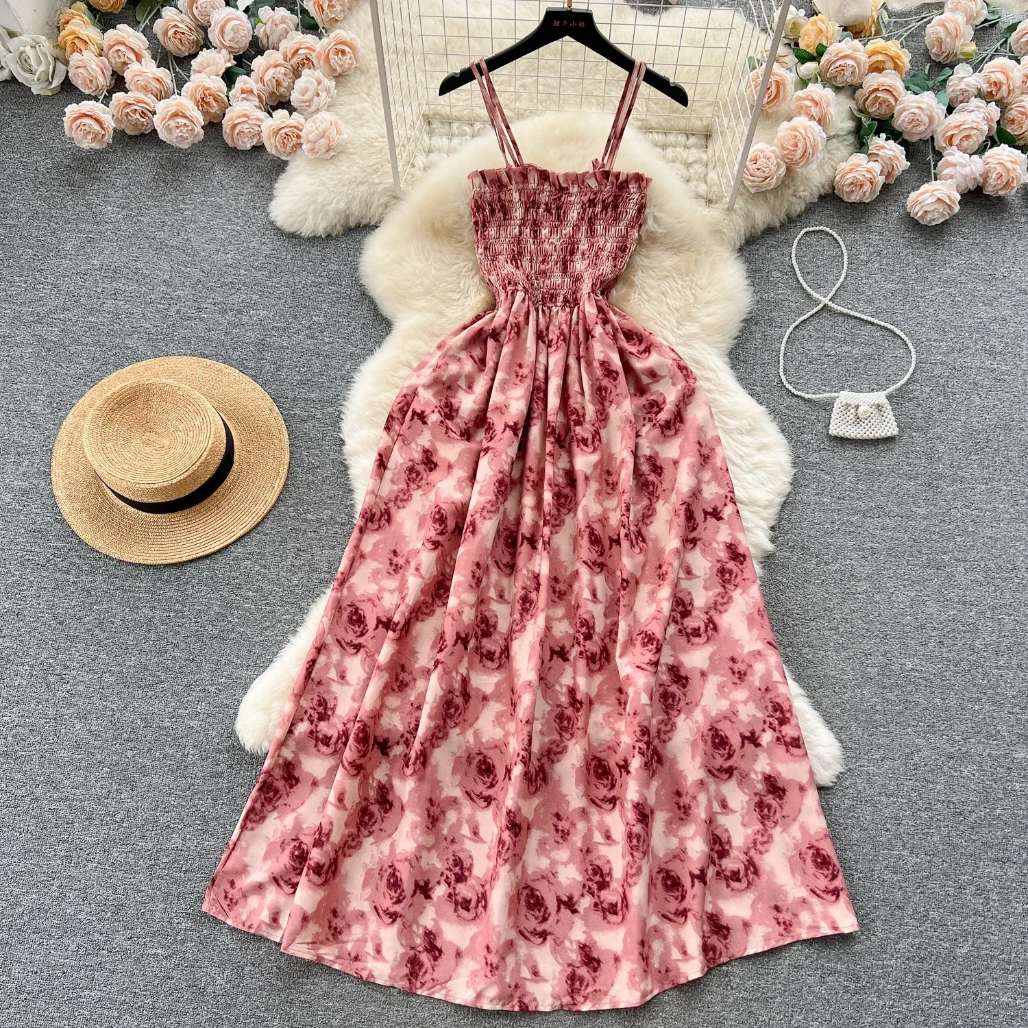 2024 New Summer Korean Fashion Rose Flower Print Romantic Retro Party Dress Elastic High Waist Vacation Long Dress Beach Vestido