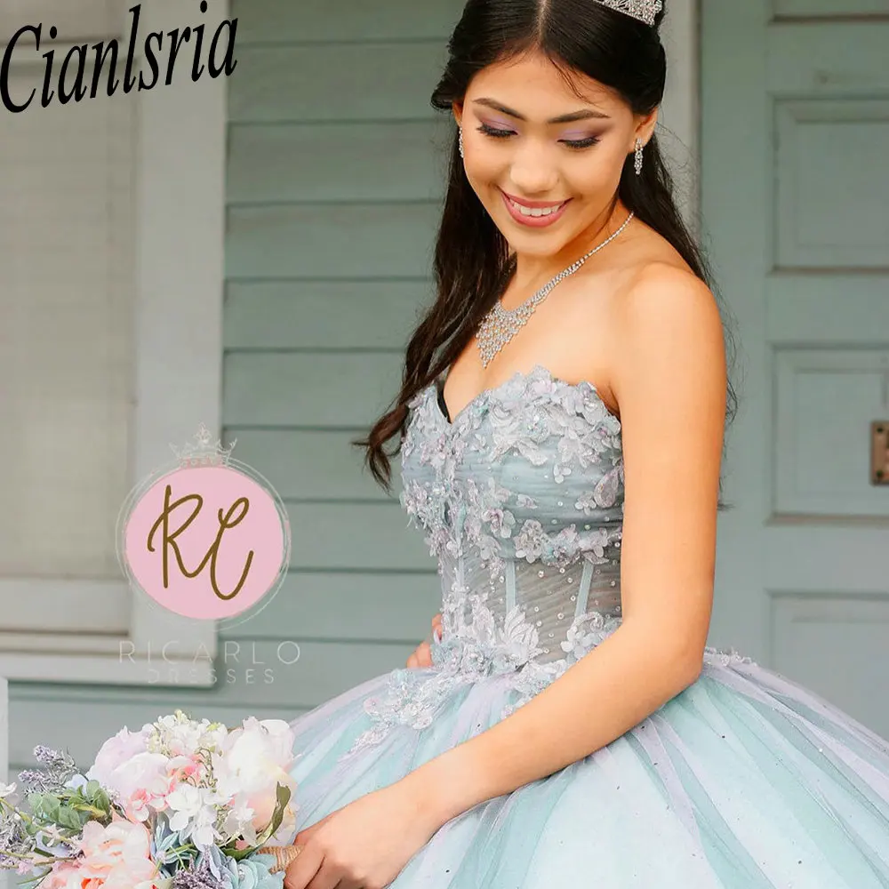 Vestido De baile plisado De flores 3D, ilusión azul claro, quinceañera, apliques De corazón, corsé De encaje, 15 Años