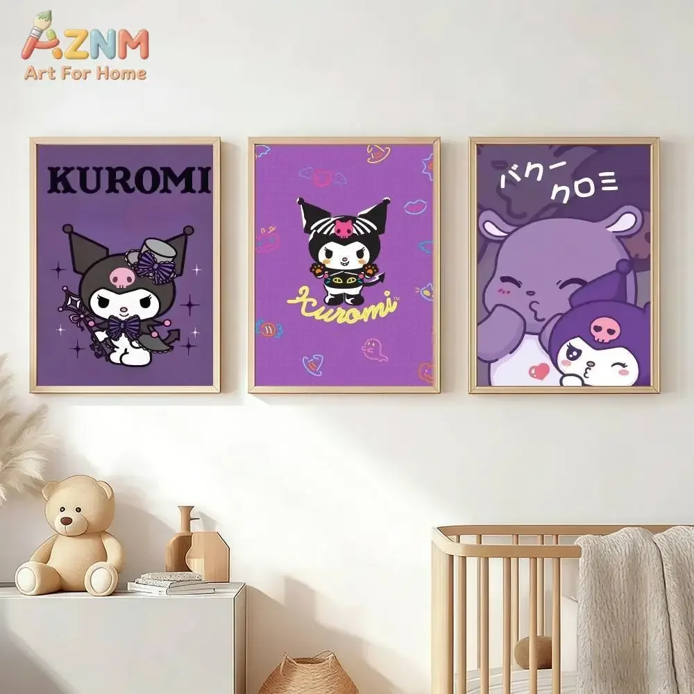 AZNM Kuromi Purple Background Canvas Print Frameless Wall Art Cute Cartoon Poster Girls Bedroom Home Decor Painting