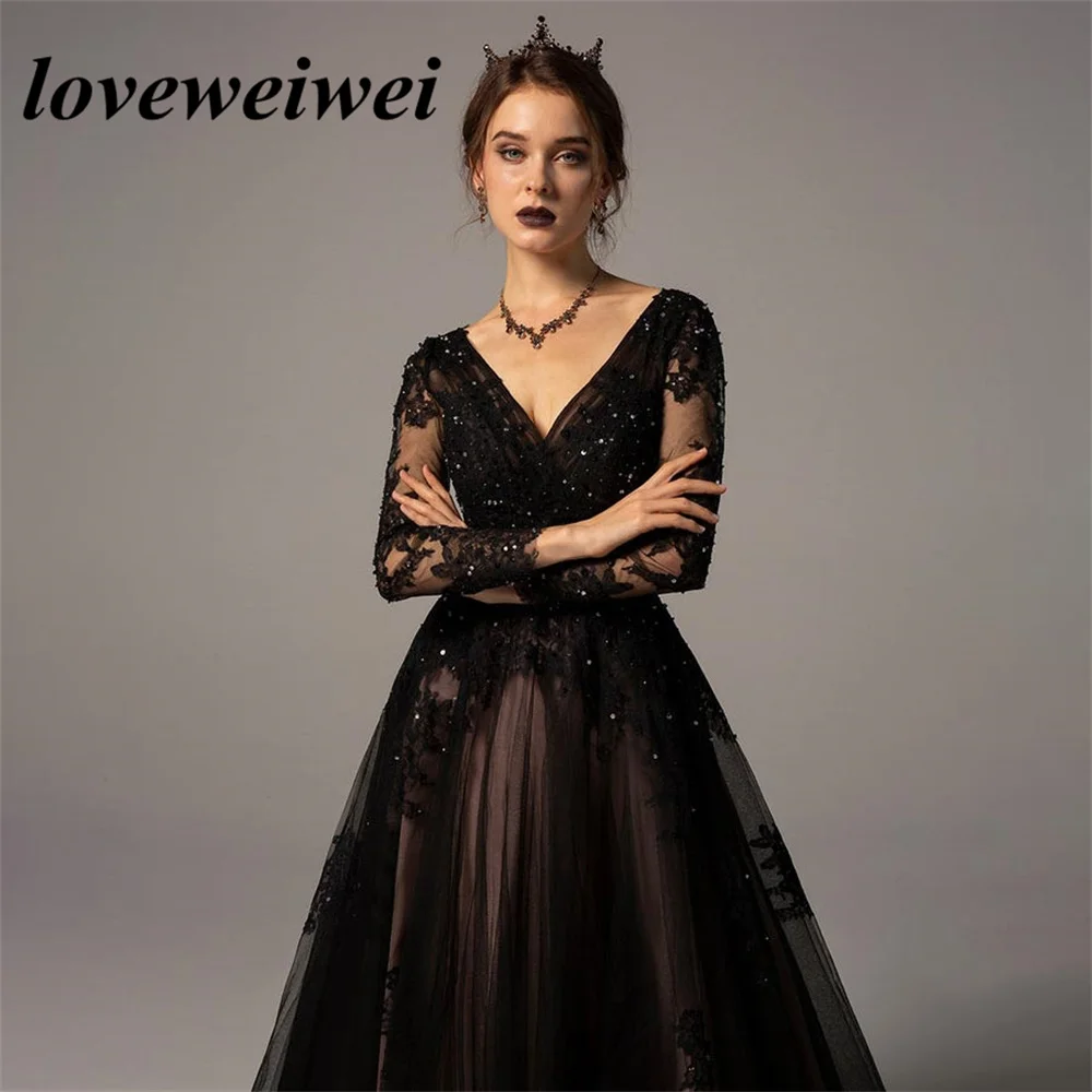 Gothic Black Prom Dresses Sexy Backless A-line Evening Dress Lace V Neck Formal Party Gowns Long Sleeves Tulle Robe De Soirée