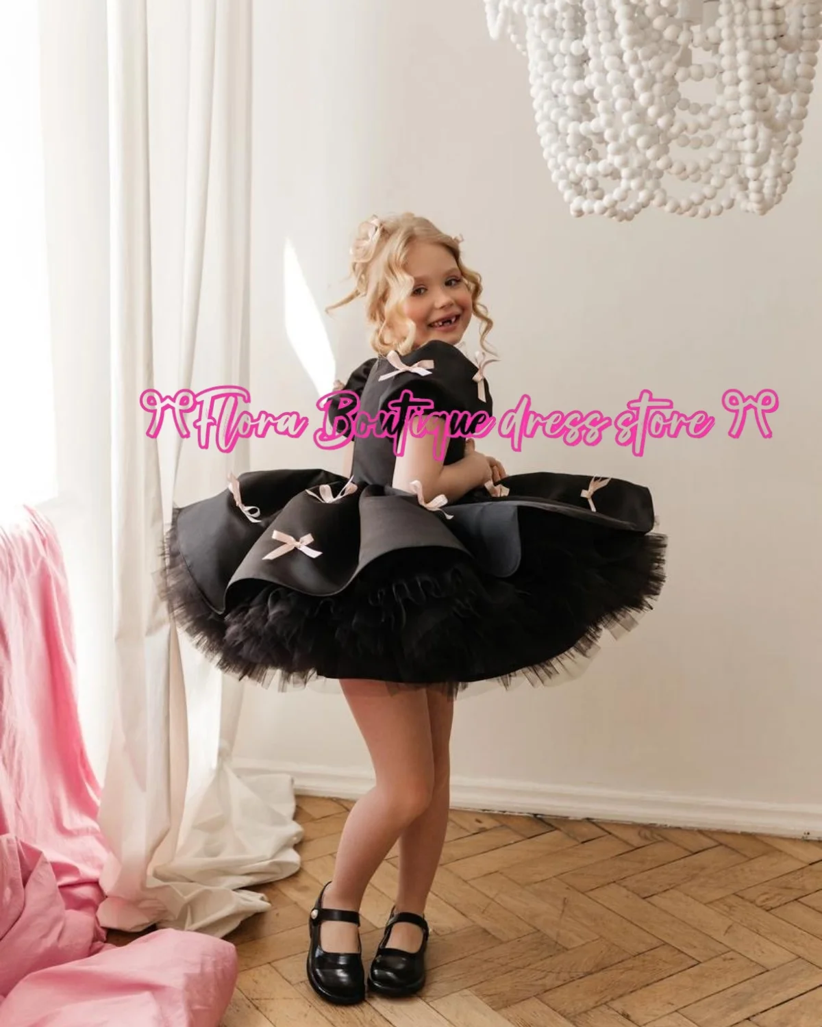 Flower Girl Dress Satin Tulle Puffy Bow Short Sleeve For Wedding Birthday Prom Pageant Holy Communion Gown Parties Customized