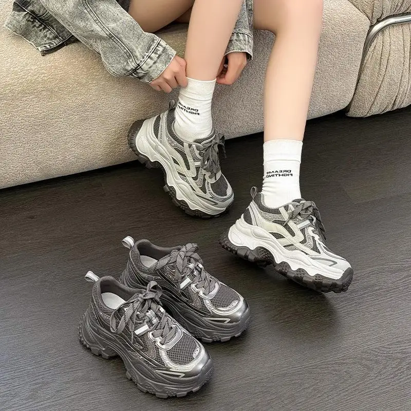 

Women's Dad Shoes Thick Bottom Genuine Leather Sports Casual Breathable Mesh Upper Diamond Embellished Flat round Toe