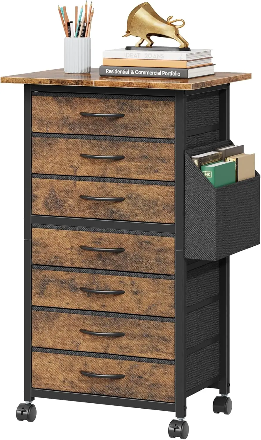 

HIGDBFE 7 Drawer File Cabinet with Side Pocket, Rolling Printer Stand, Wood Top, Rustic Brown, 15"D