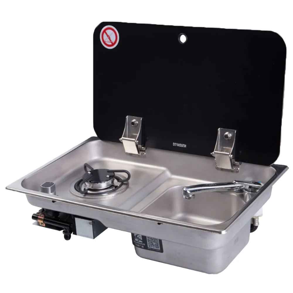 RV Gas Stove RV Accessories With Glass Cover Yacht Gas Stove With Right Sink For Camper Van Conversion Van