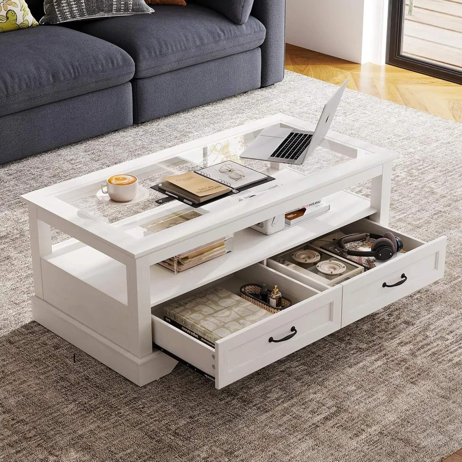 Coffee Table 47" Coffee Table with Glass Tabletop Open Display Area and Storage Drawer Modern Farmhouse Center Table for Living