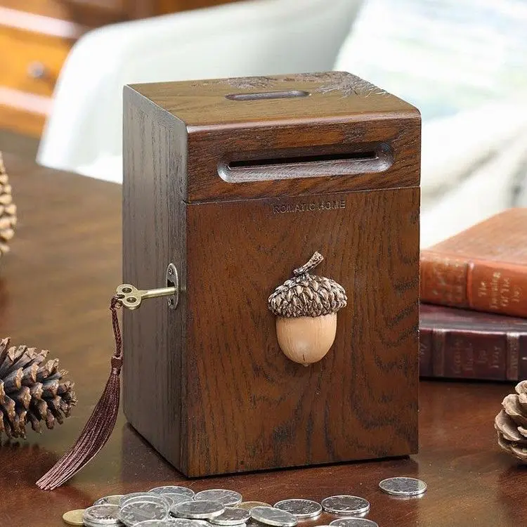 Vintage Wooden Money Box With Lock Acorn Decor Retro Coin Bank Rustic Desktop Storage Organizer For Home Office Living Room