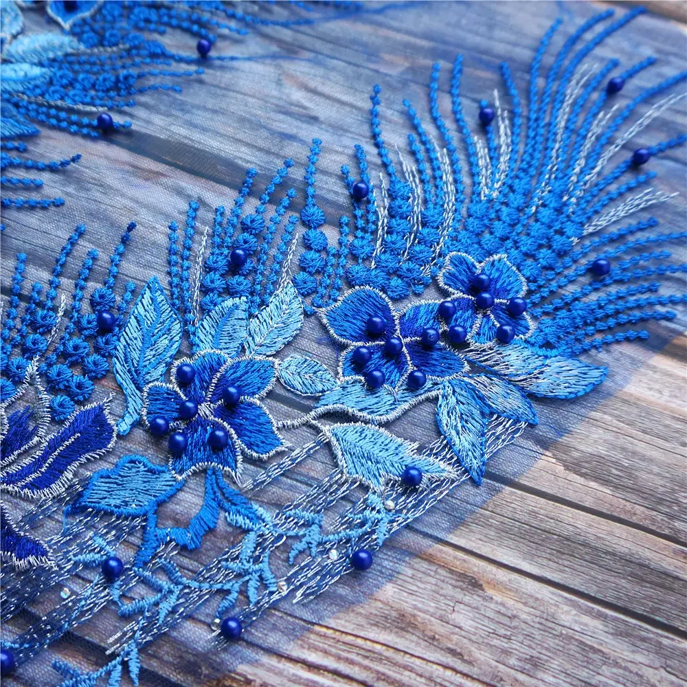 Blue Lace Fabric Flower Tassel Beads Rhinestone Embroidered Gown Appliques Trims Collar Mesh Sew Patch For Wedding Decoration