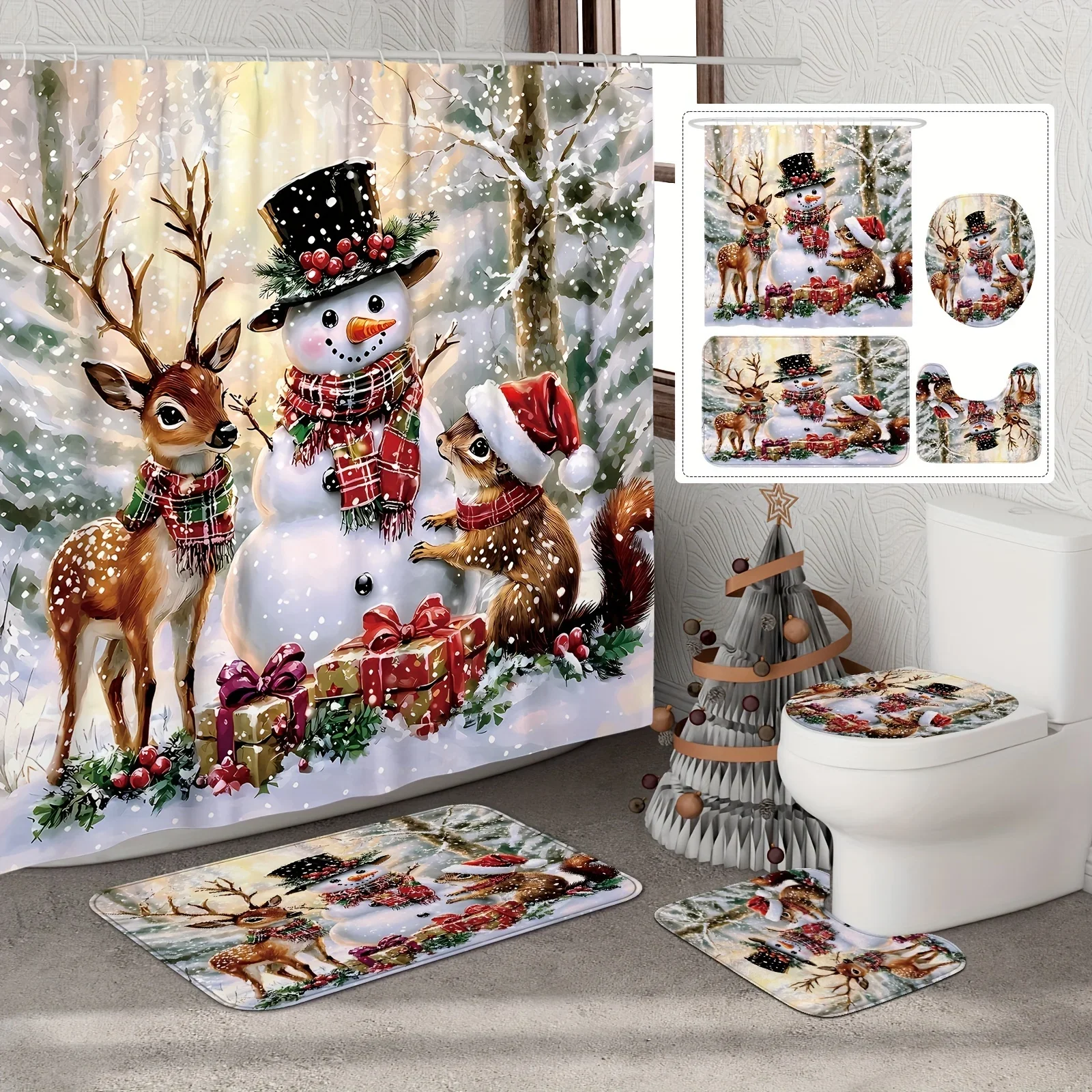4PCS Christmas Winter Shower Set,Snowman Reindeer Squirrel White Brown Print,12 Hooks, Non-Slip Mat, U-Seat Cover, Holiday Decor