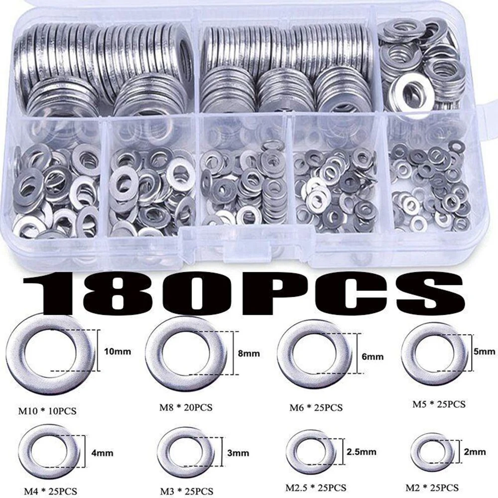 

180x 304 Stainless Flat Washer M2-M10 Plain Gasket Assortment Stainless Steel for Factories Repair,Outdoor Construction,Kitchens