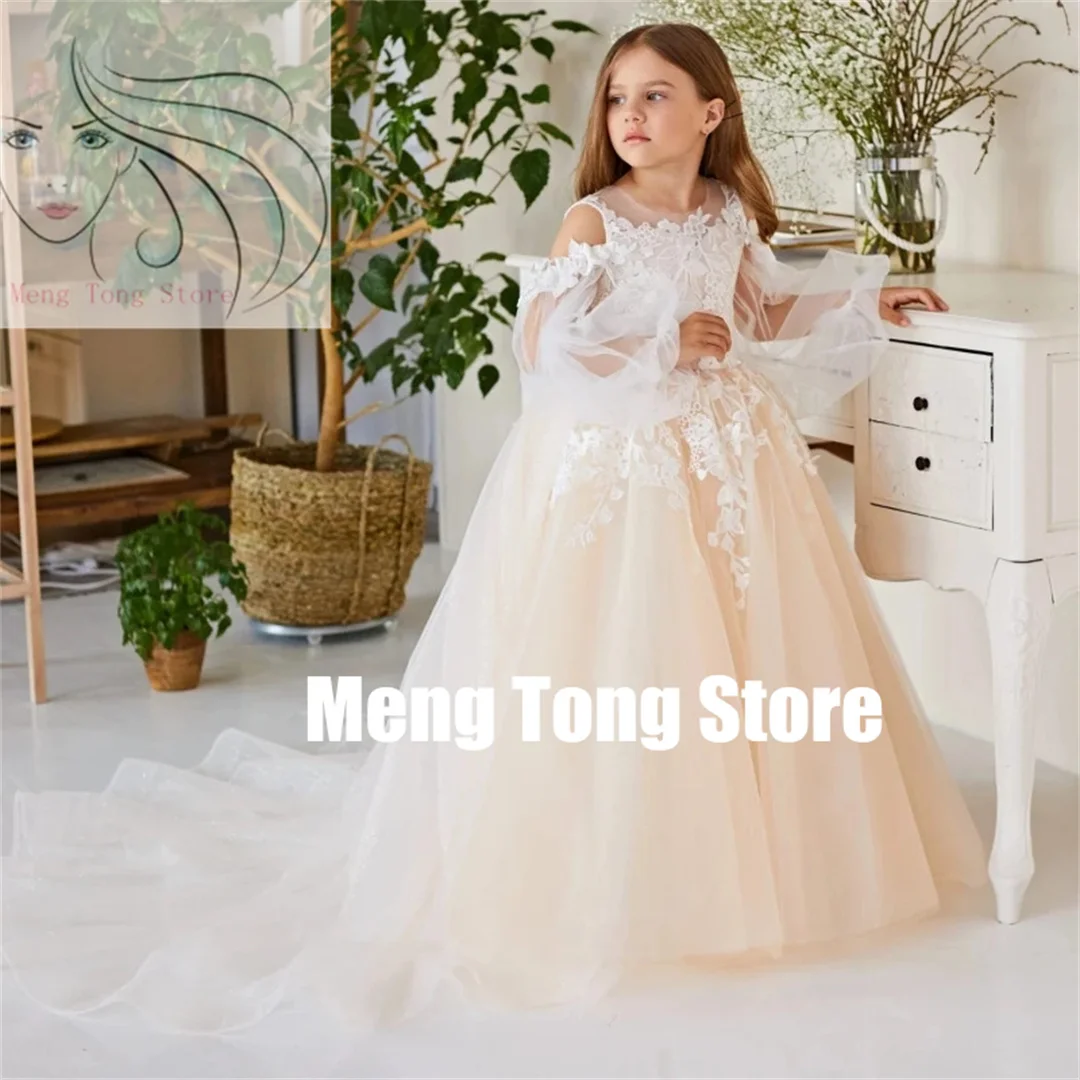 Customization Long Sleeve Tulle White Champagne Flower Girl Dresses Flory Appliques With Trailing For Wedding Birthday Holy Comm