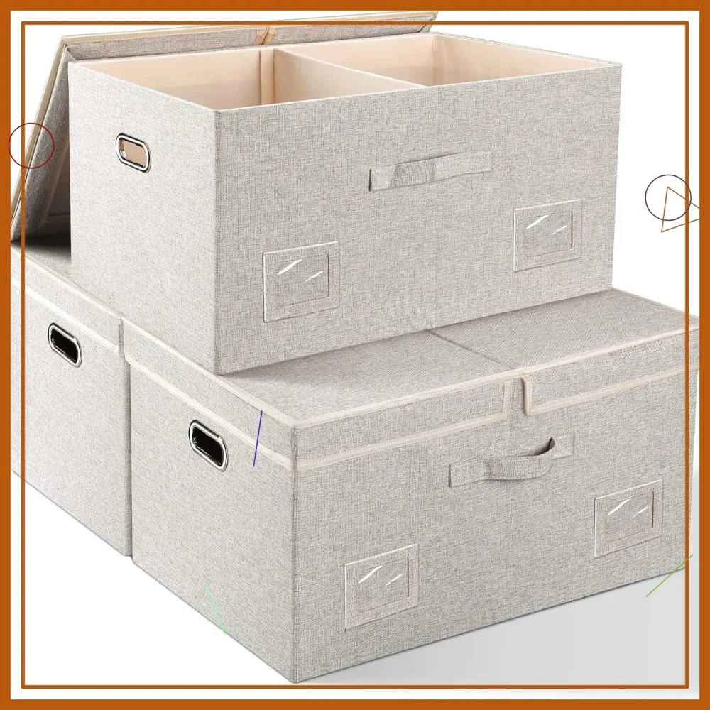 

75 Quart Extra Large Collapsible Storage Bins with Lids, 3-Pack Beige Stackable Organizer Box for Home