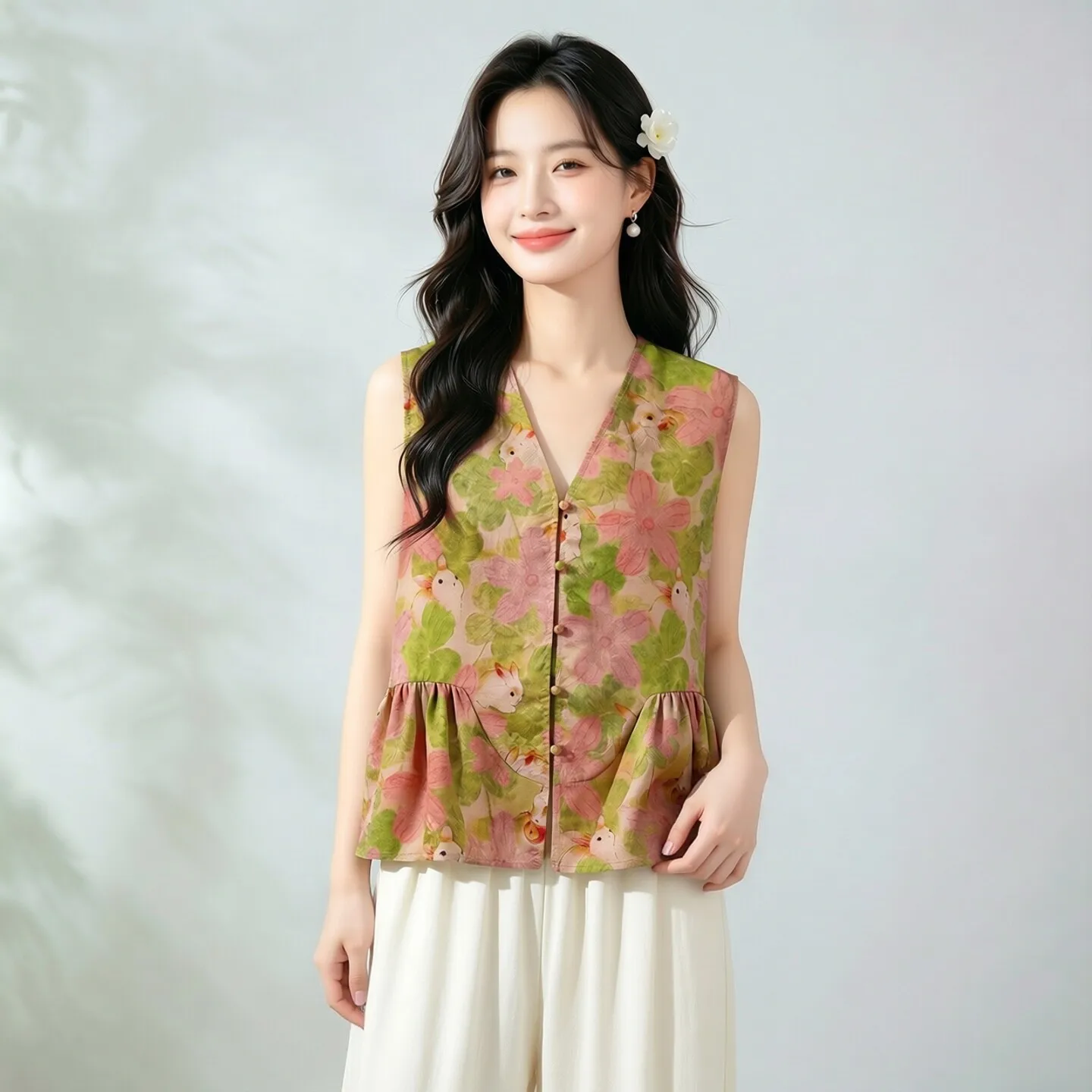 Winsleter-100%Real Silk Watered Gauze Elegant Vest Coat, V Neck Cartoon, Women Ruffles Commute Waistcoat, 2026 Autumn C68931CC