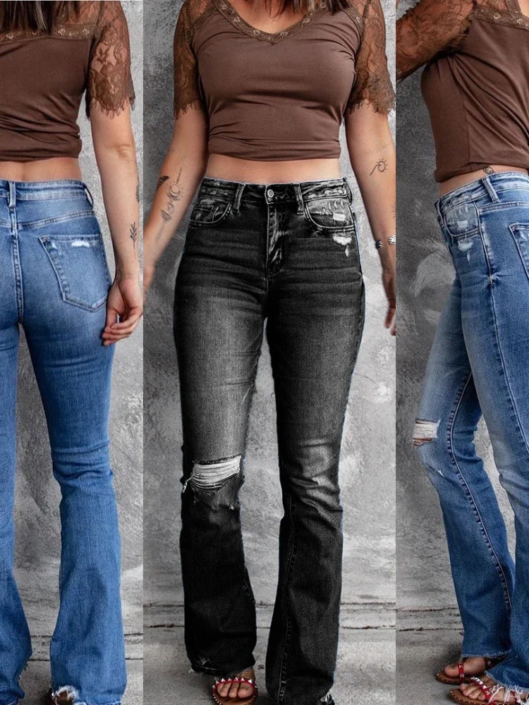 Women Jeans Bootcut Pants Washing Slim Flare Denim Zipper Fly Pockets Streetwear Ankle Length Solid Holes High Waist 2025