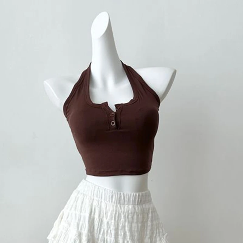 Pittige Meisjes Gebreide Halter Hemdje Vrouwen Sexy Backless Skinny Slim Crop Bottom Tops Koreaanse Eenvoudige Knop met Pad Workout Vest