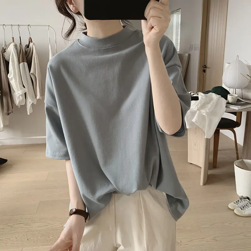 Half turtleneck t-shirt women's spring and summer new loose and thin Korean simple half-sleeve cotton basic top