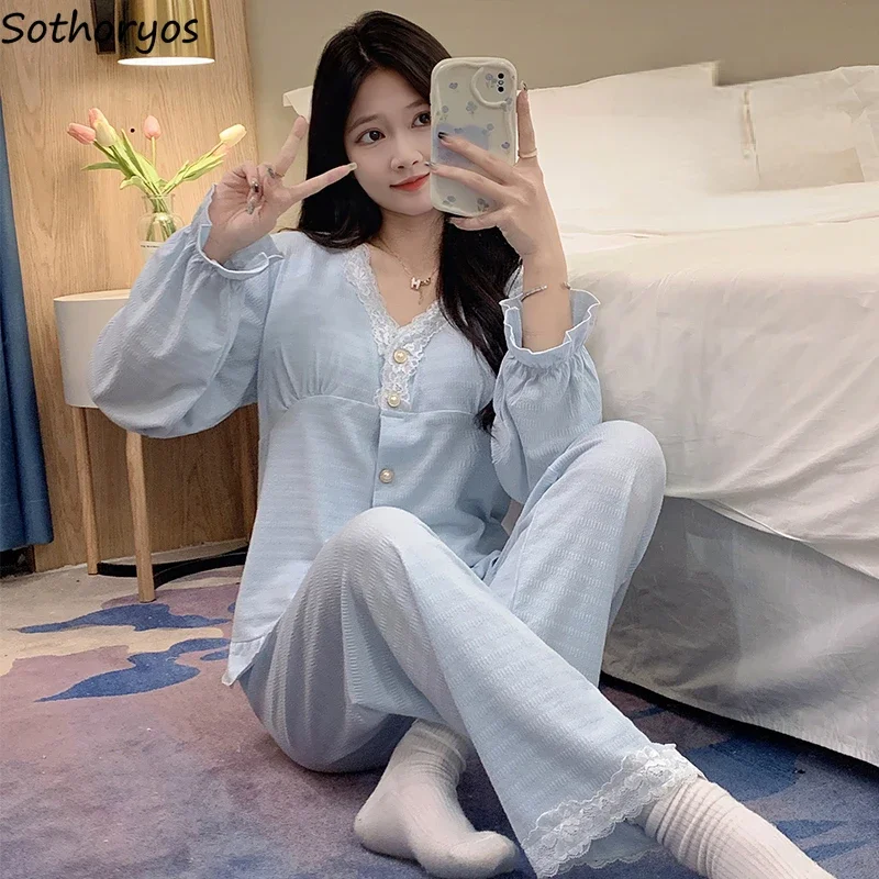 

Autumn Pajama Sets Women Lace Design Gentle Padded Sleepwear Girlish Home Korean Fashion College Students Dormitory Pijama Mujer