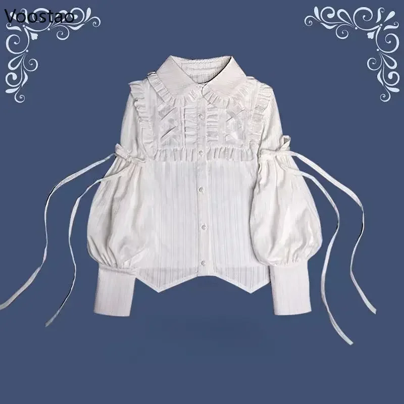 여성용 빈티지 고딕 셔츠, 우아한 로리타 스타일, Gigot 슬리브 블라우스, 빅토리아 스타일, 스위트 러플, 카와이 상의, Mujer