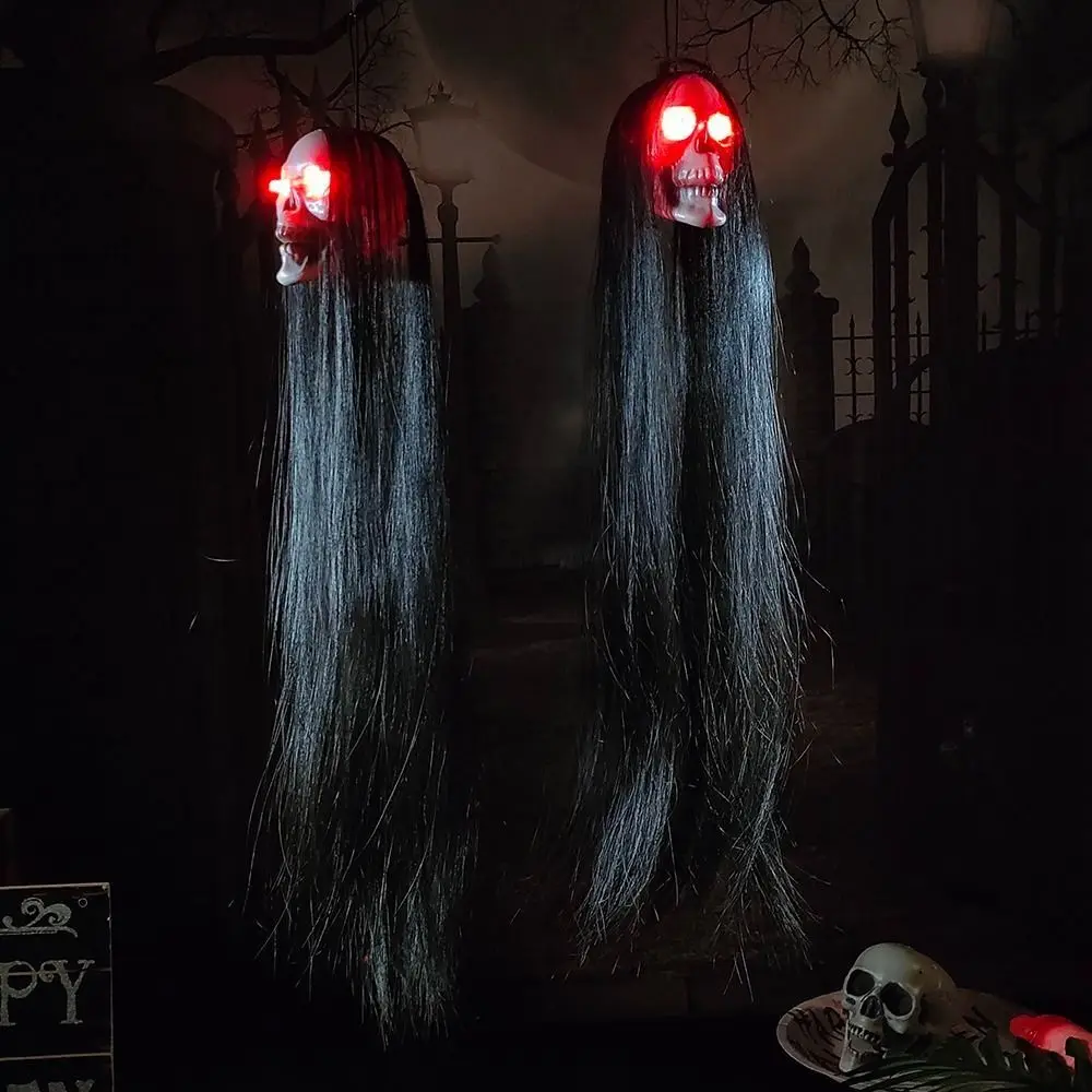 

Plastic Halloween Hanging Ghost Long Hair Red Blinking Eye LED Light-emitting Skeleton Horror Style Hanging Design