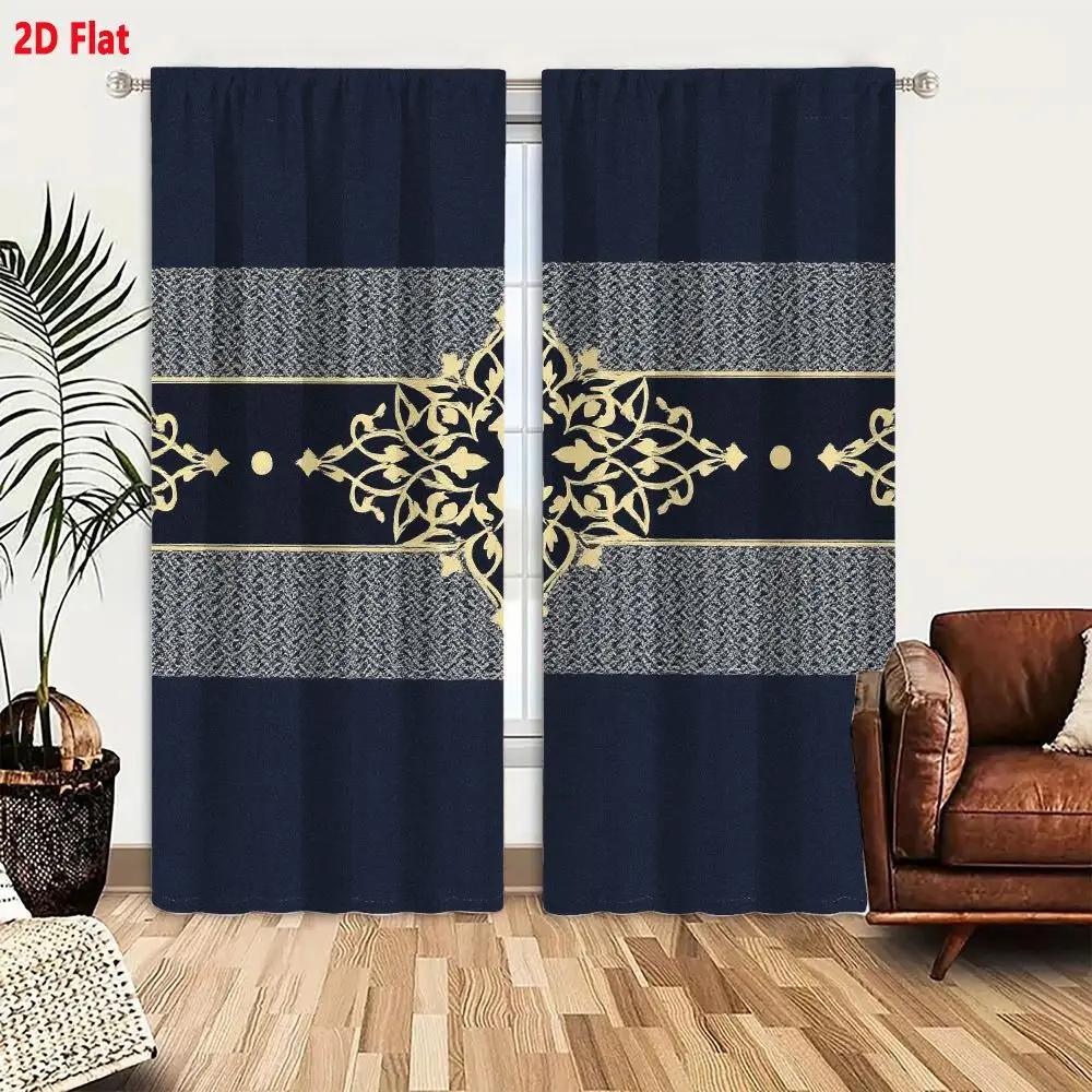2Pcs Curtains 2D Flat Decorative Pattern With Navy Background Light Gray Textured Segments And Ornate Gold Floral Geometric Moti
