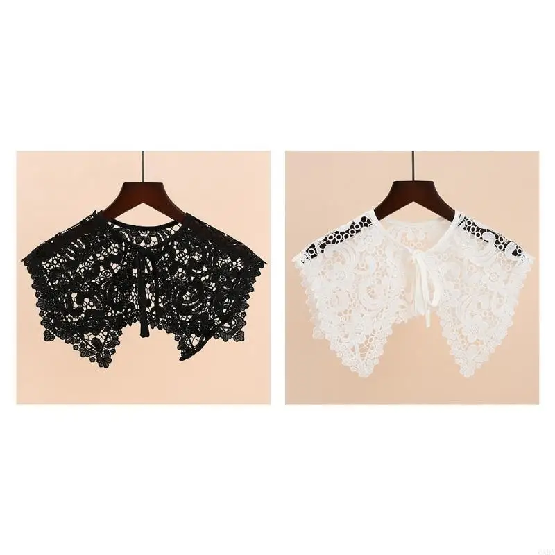Women Hollow Out Paisely Floral Lace Fake Collar Triangular Shawl Large Shoulder Wrap Necklace Lace-Up Short Capelet 6XDA