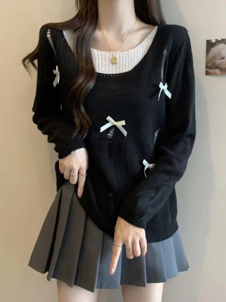 

Fashion Design Thin Pullovers Spring Autumn Fake Two Piece Hole Bow Contrast Color Sweaters Casual Loose 2024 Women's Clothing