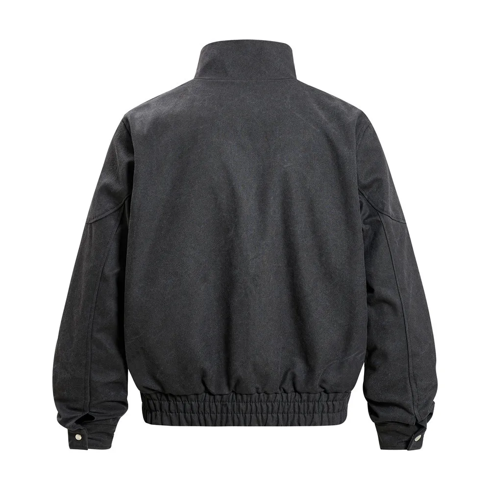 MWJLPWQ Men's Workwear Stand Collar Autumn Punk Trendy Three-Dimensional Cut Design Solid Color Loose Fit Baseball Coat 20242