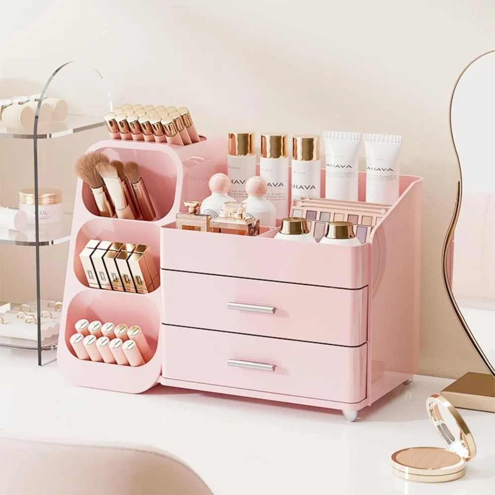 

Large Acrylic Makeup Organizer with Drawers for Vanity, Bathroom, and Desk Storage in Pink