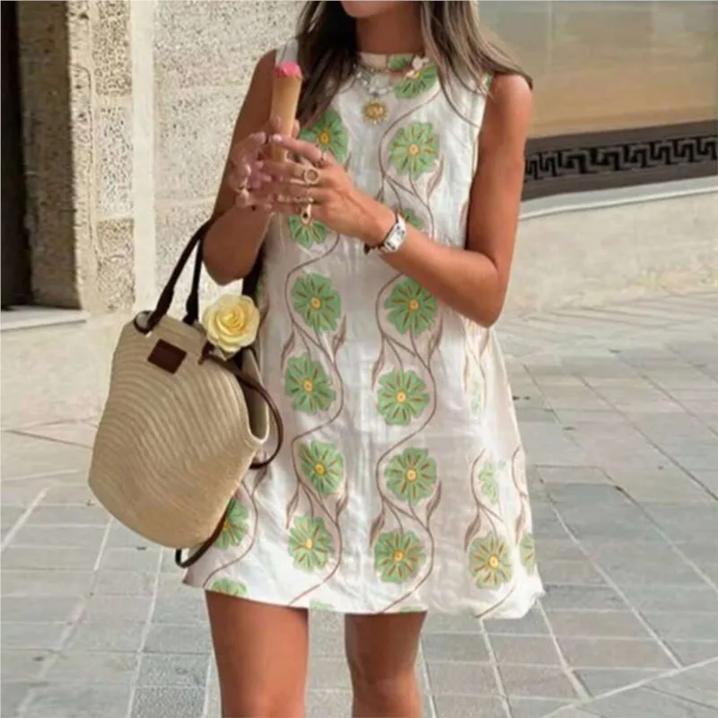 Verão novo fresco floral impressão mini vestidos femininos solto casual vestido de verão sem mangas o pescoço a linha praia férias vestido robe