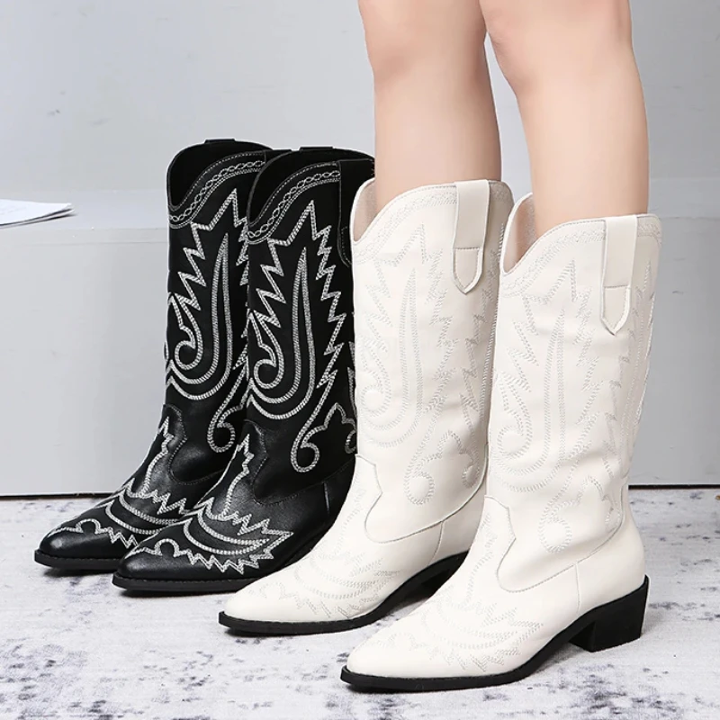 Black White Western Cowboy Boots Ladies Fashion Sexy Pointed Toe Leather Embroidery Mid Calf Boots Square Heel Shoes Women Boots