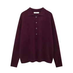 Willshela Women Fashion Wine Red Front Button Knitted Pullover Sweater Vintage Lapel Neck Long Sleeves Female Chic Lady Tops