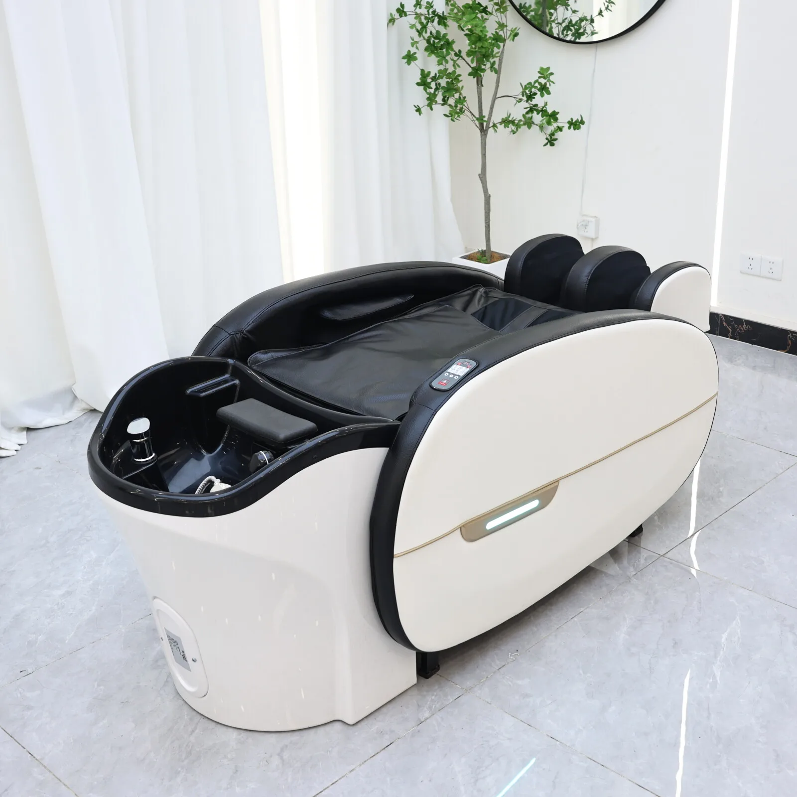 

！@Luxury Modern Synthetic Leather Auto Electric Massage Shampoo Chair Adjustable Footrest High-Density Sponge Spa Barber Worksho