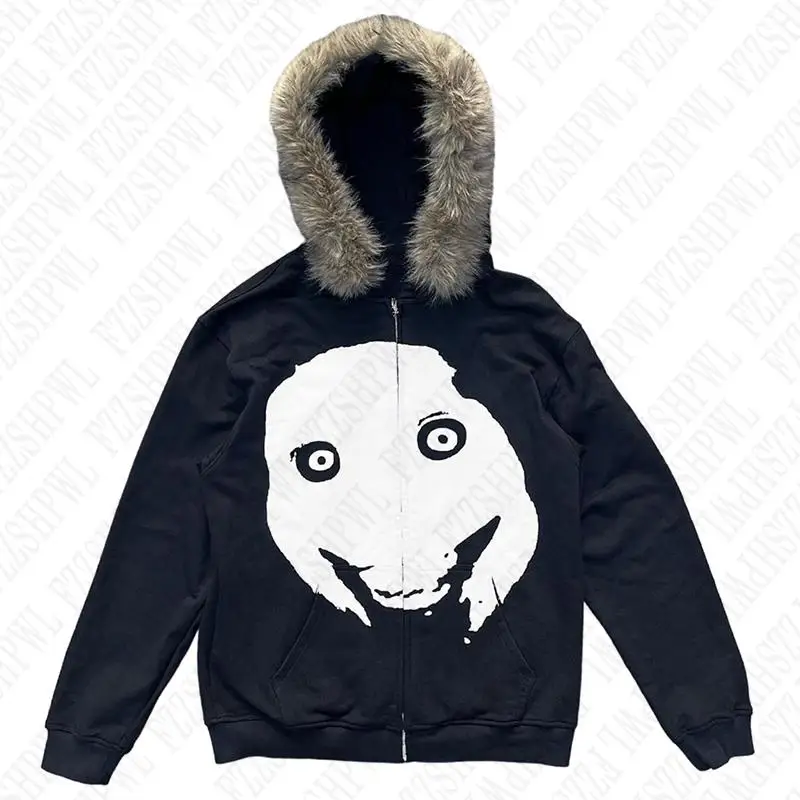 Fashion Dark Faux Fur Collar Harajuku Punk Y2K Hooded sweatshirt Retro Gothic Jacket Streetwear Hip Hop Zipper Hoodie sweatshirt