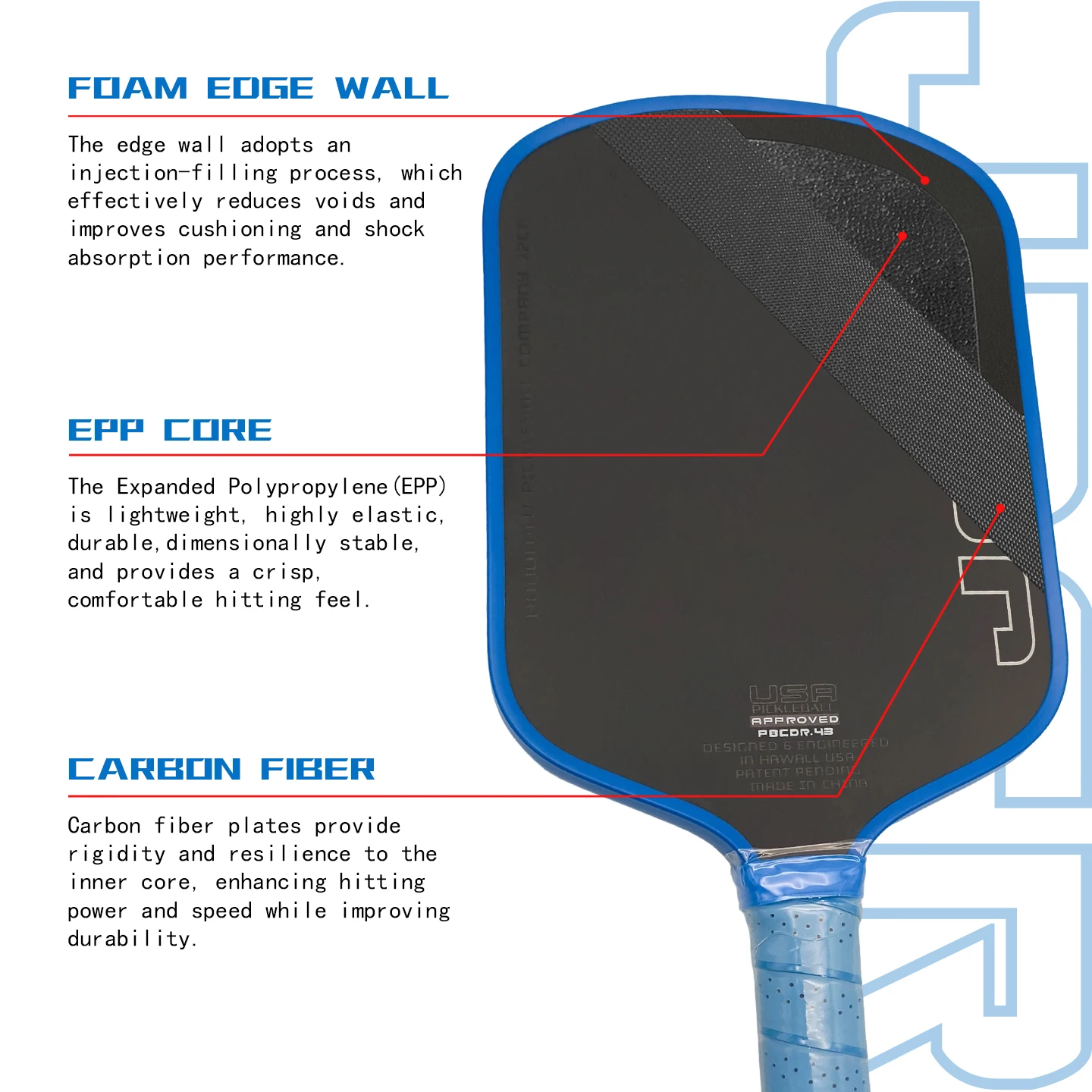 J6CR Pickleball Paddl6CR Pickleball Paddle Foam Core, USAPA Approved, T700 Carbon Fiber Surface, Durable, For Training, Portable