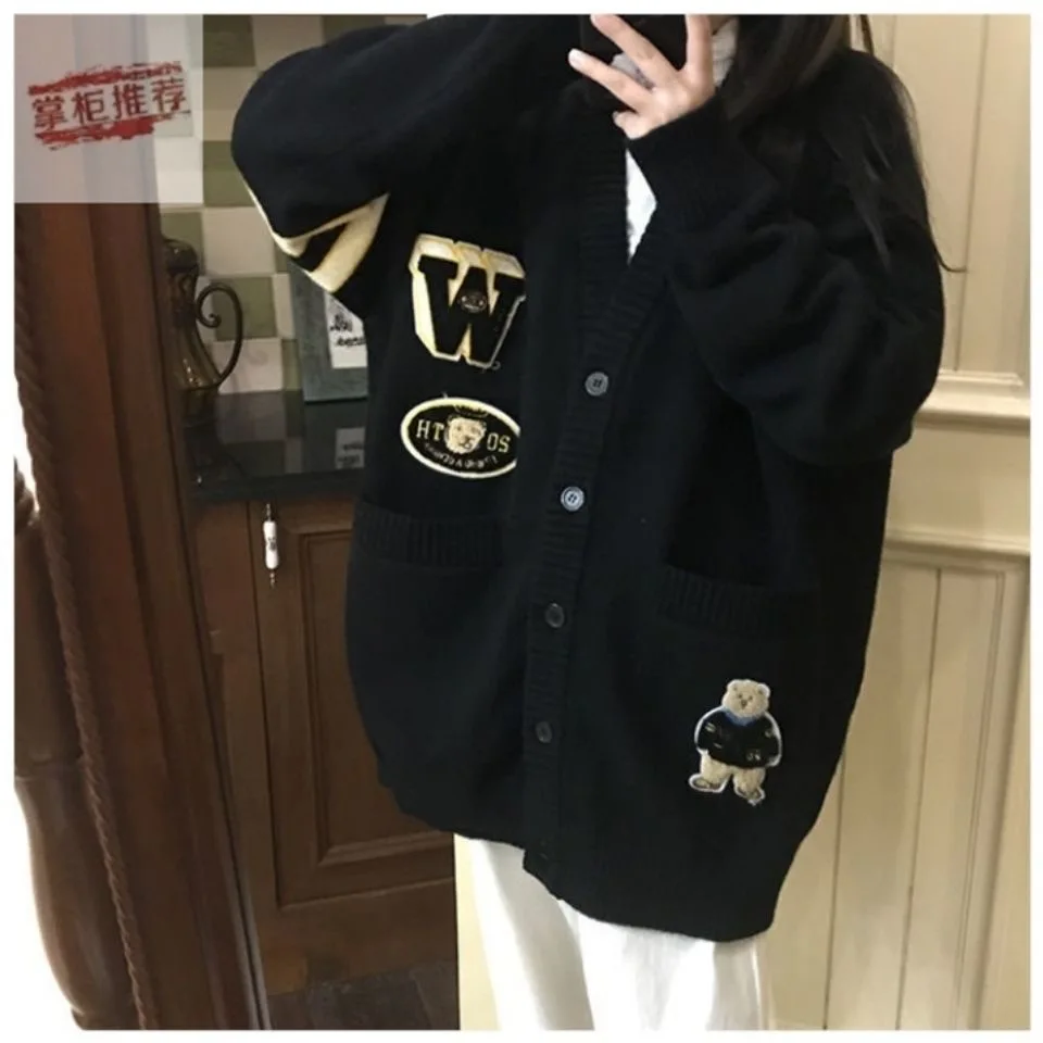 Spring and autumn new embroidered bear long-sleeved sweater short coat round neck twist puff sleeve knitted cardigan women