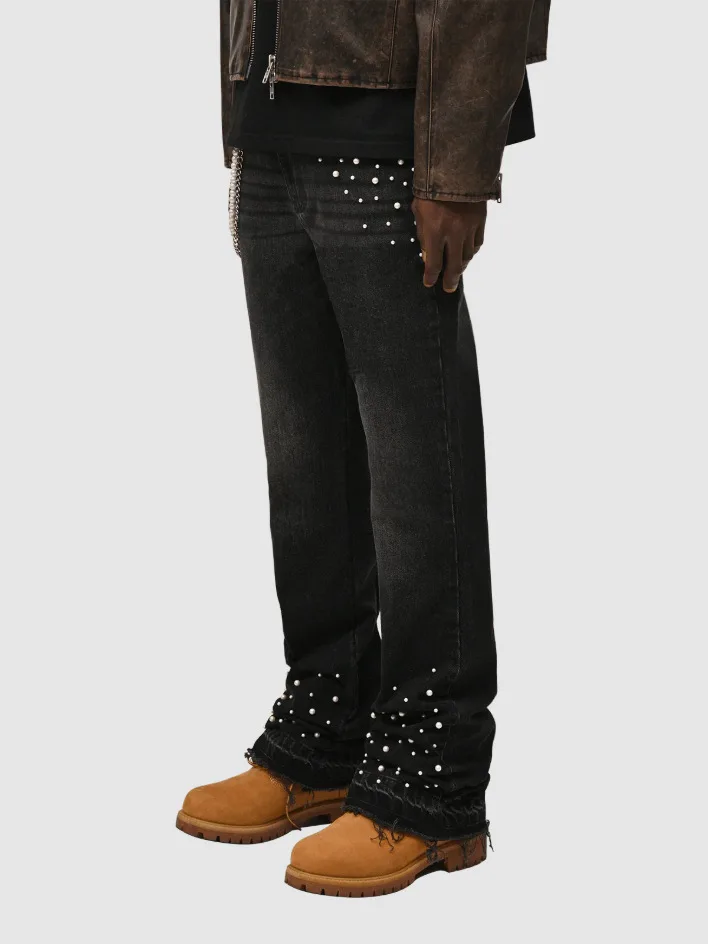 2025 Men's Punk Style Splicing Pocket Beading Large Straight Jeans Male Vintage Four Seasons Trousers Street Casual Denim Pants