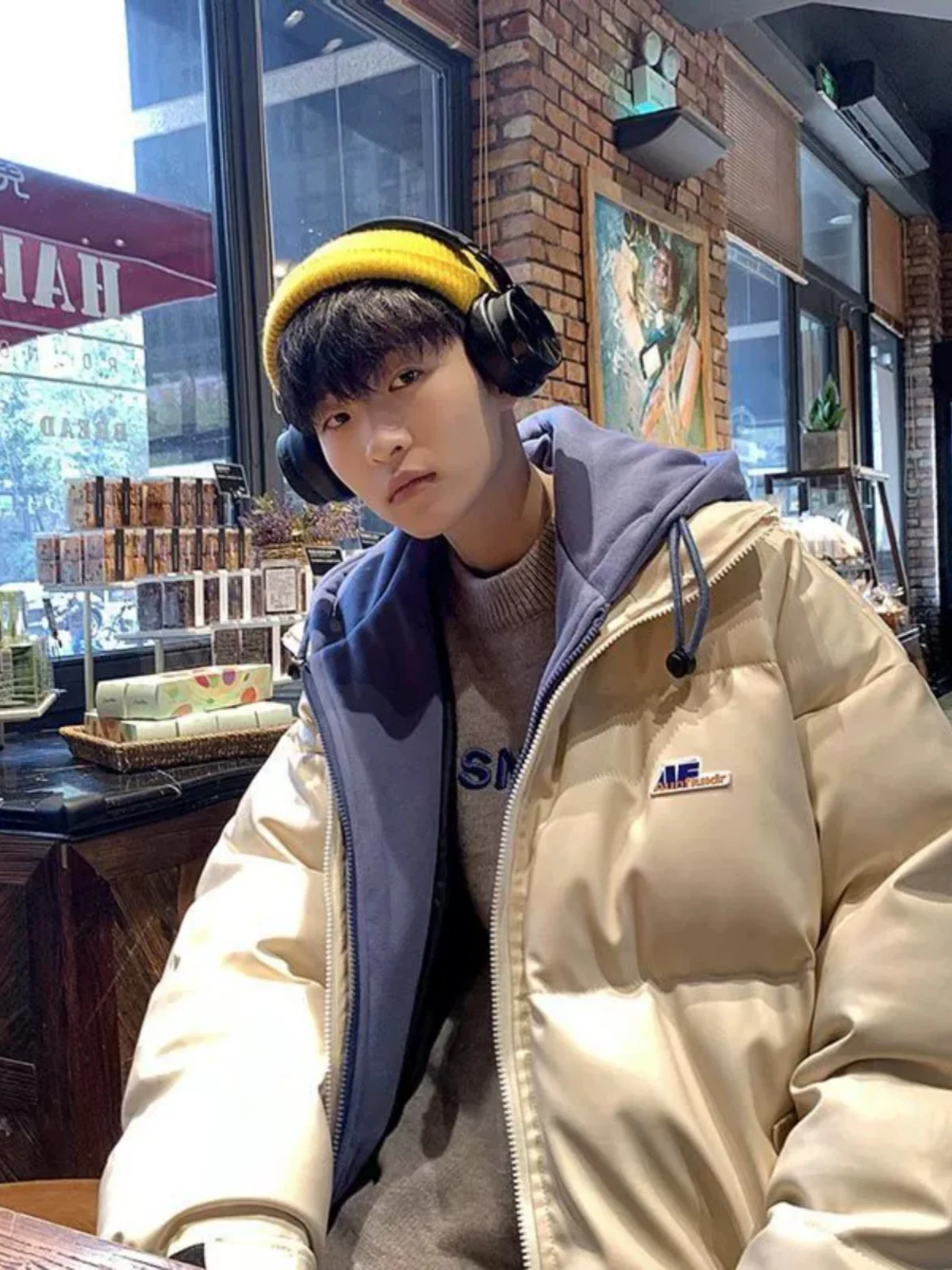 طقم جايت قطني من جلد البولي يوريثان رائع للرجال شتوي معطف الخبز ثينيد ستيل مناسب بغطاء للرأس بألوان متباينة #1