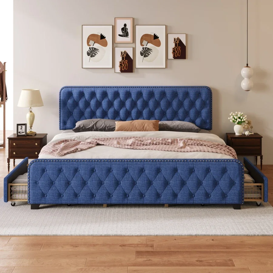 Uholstered Platform Bed Frame with Four Drawers, Button Tufted Headboard and Footboard Sturdy Wood Slat Support