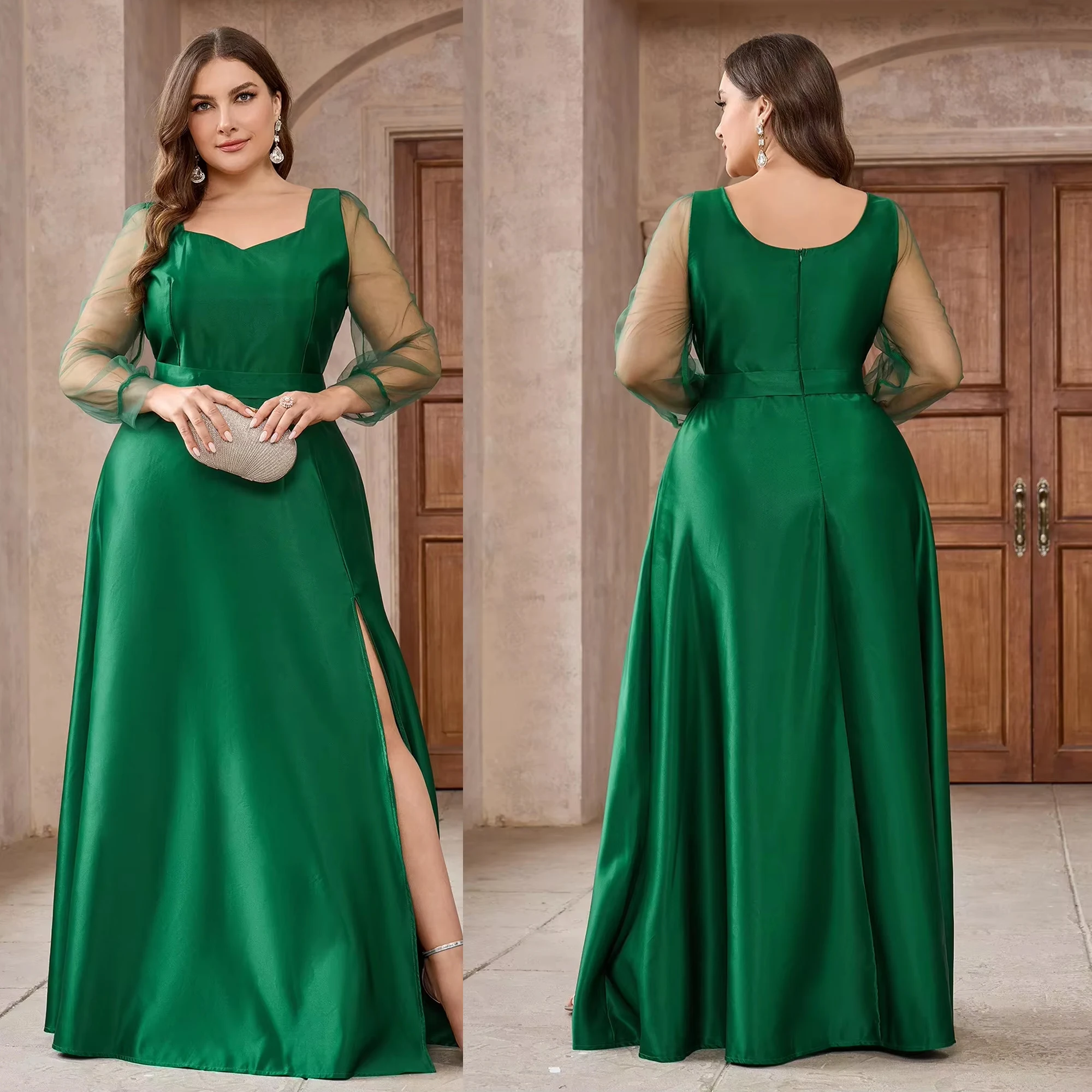 Women's long sleeved chiffon satin evening gown long sleeved bubble sleeves irregular side slit plus size formal dress