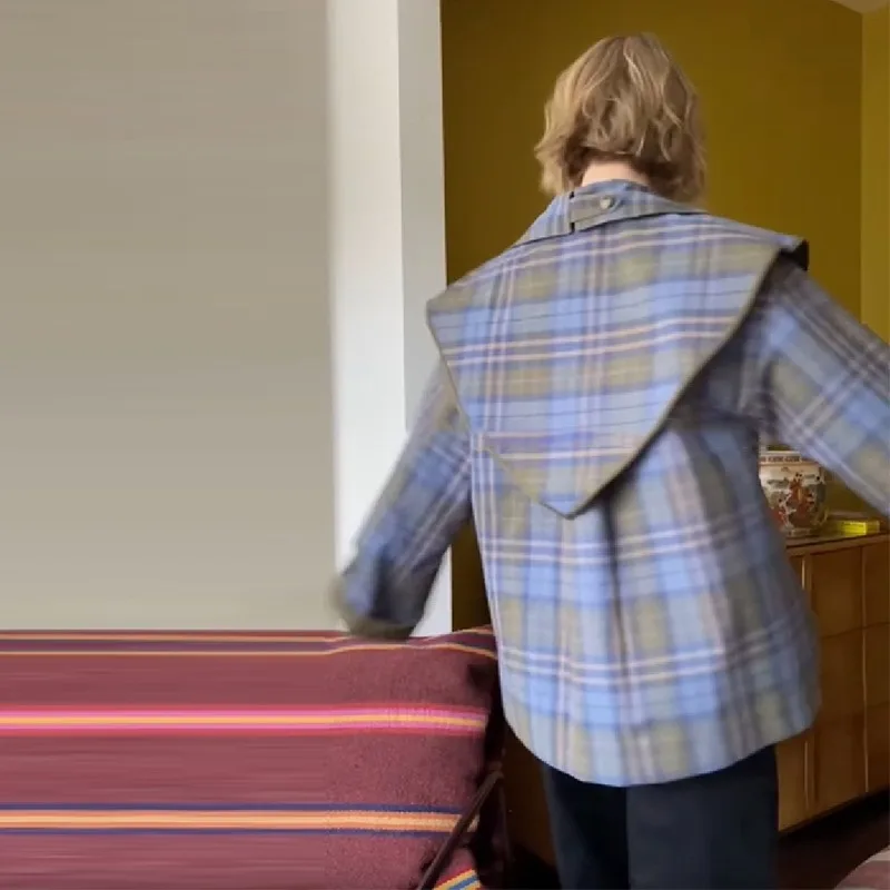 Dwustronna kurtka w kratę FL Fashion, damska, luźna, z klapami, długi rękaw, zapinana na jeden guzik, z kieszeniami, nowa kolekcja jesień 2026, streetwear dla kobiet.