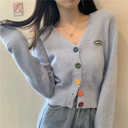 Sweet Cute Cropped Cardigan Women Single Breasted V-neck Long-sleeved Knitted Jacket New Candy Color Sweater Cardigans