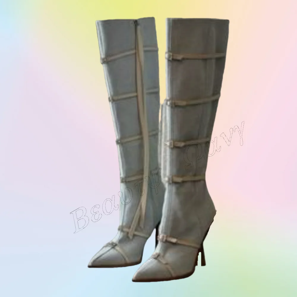 

Blue Front Belt Decor Boots Thin Heels Side Zipper Shoes Knee High Shoes for Women Shoes 2025 Zapatos Para Mujere