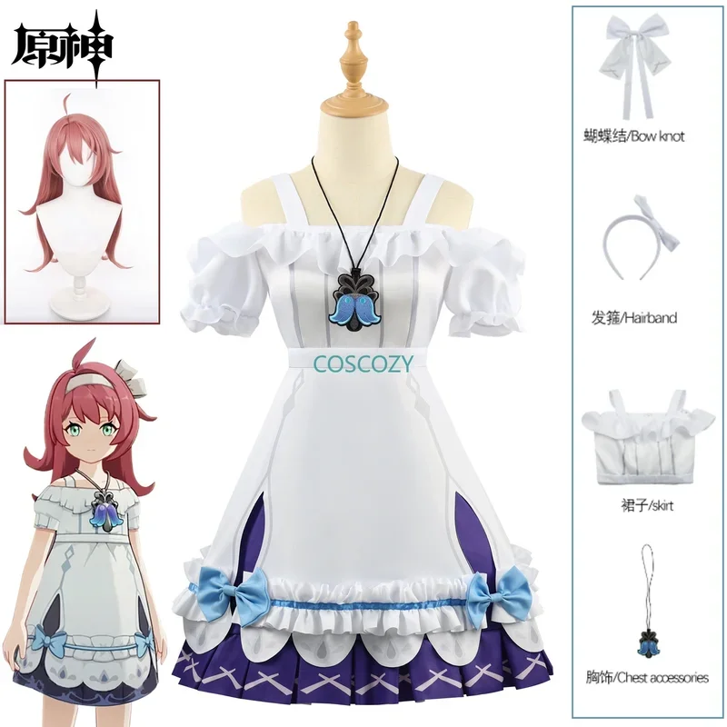 Gioco Genshin Impact Young Clergie Costume Cosplay Parrucca Papillon Fascia per capelli Ornamento Abito di Halloween per ragazze giovani