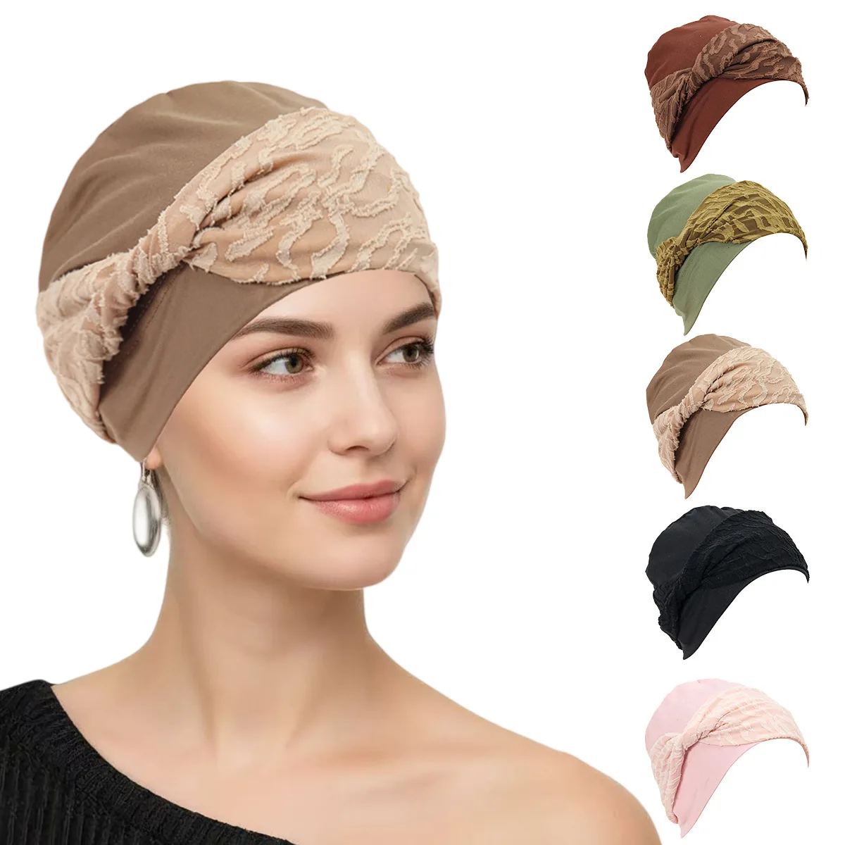 

Muslim Lace Hijabs Women Soft Strech Turban Hats Twist Chemo Cap Bonnet Beanies Hair Loss Headwrap Islamic Headwear