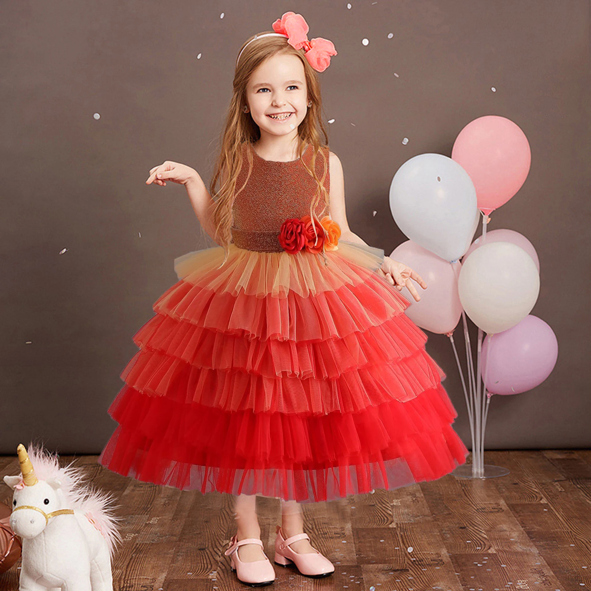 

Stunning Little Big Girls 3D Flower Girl Birthday Party Pageant Graduation Ceremony Rainbow Layered Ruffled Cupcake Tutu Dress