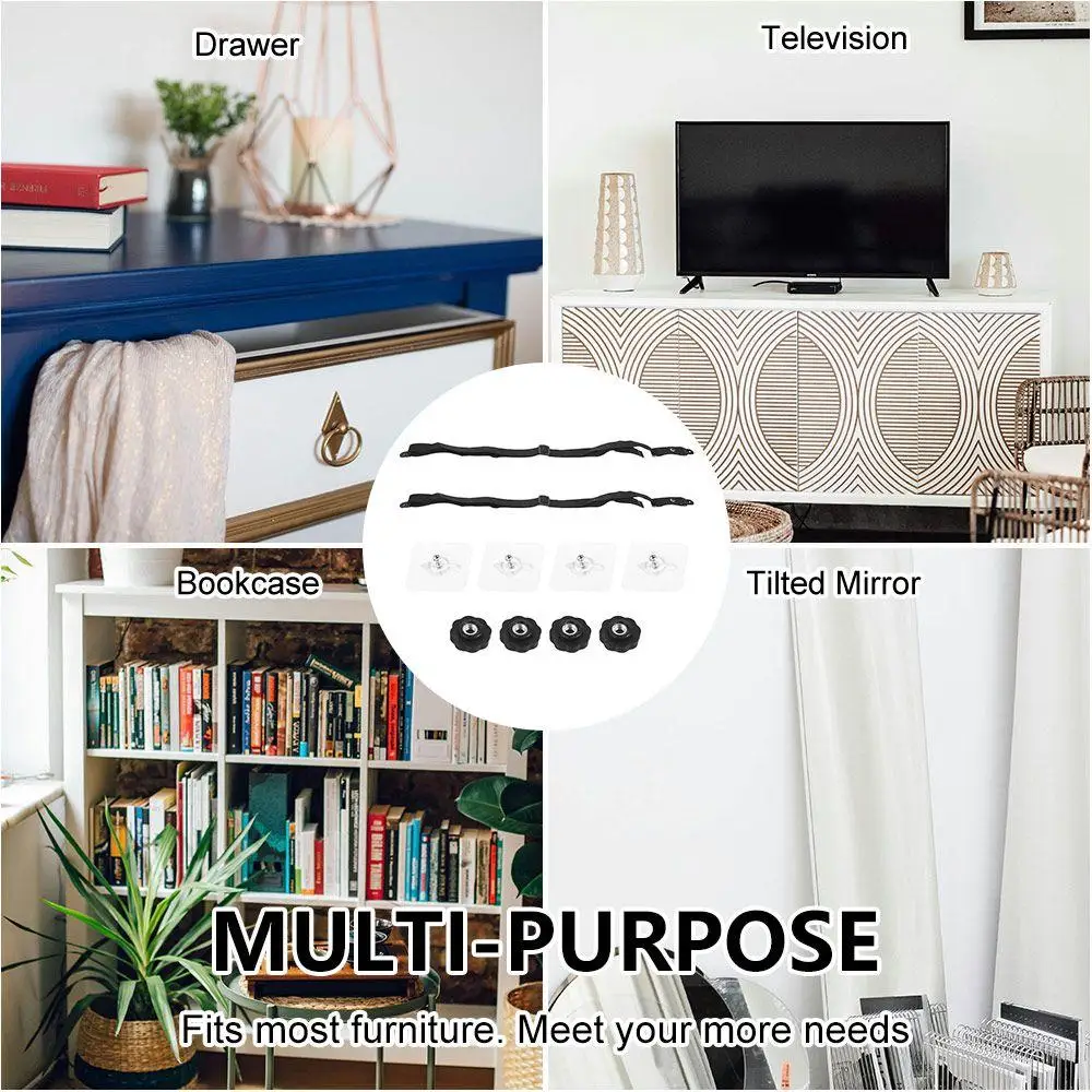 طقم حزام أمان للتلفزيون مكون من قطعتين، طقم حزام تثبيت أثاث متين قابل للتعديل، لاصق بدون مثقاب مع حزام تلفزيون الصدمات