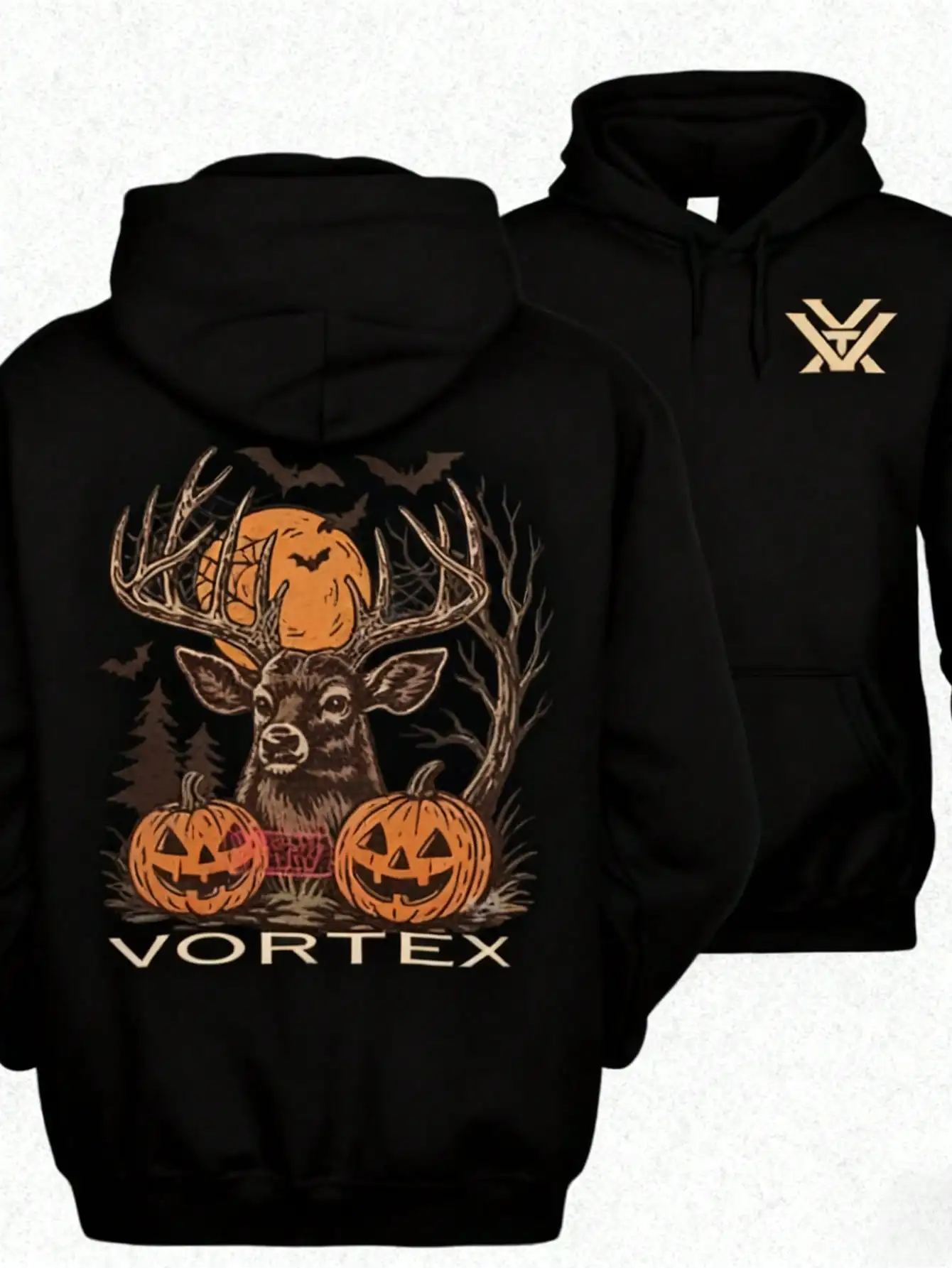 Men Front & Back Print Hoodie, Vortex Deer Halloween Pumpkin Bat Moon Hunting Graphic Hooded Sweatshirt, Hunter Casual Loose Pullover Hoodie