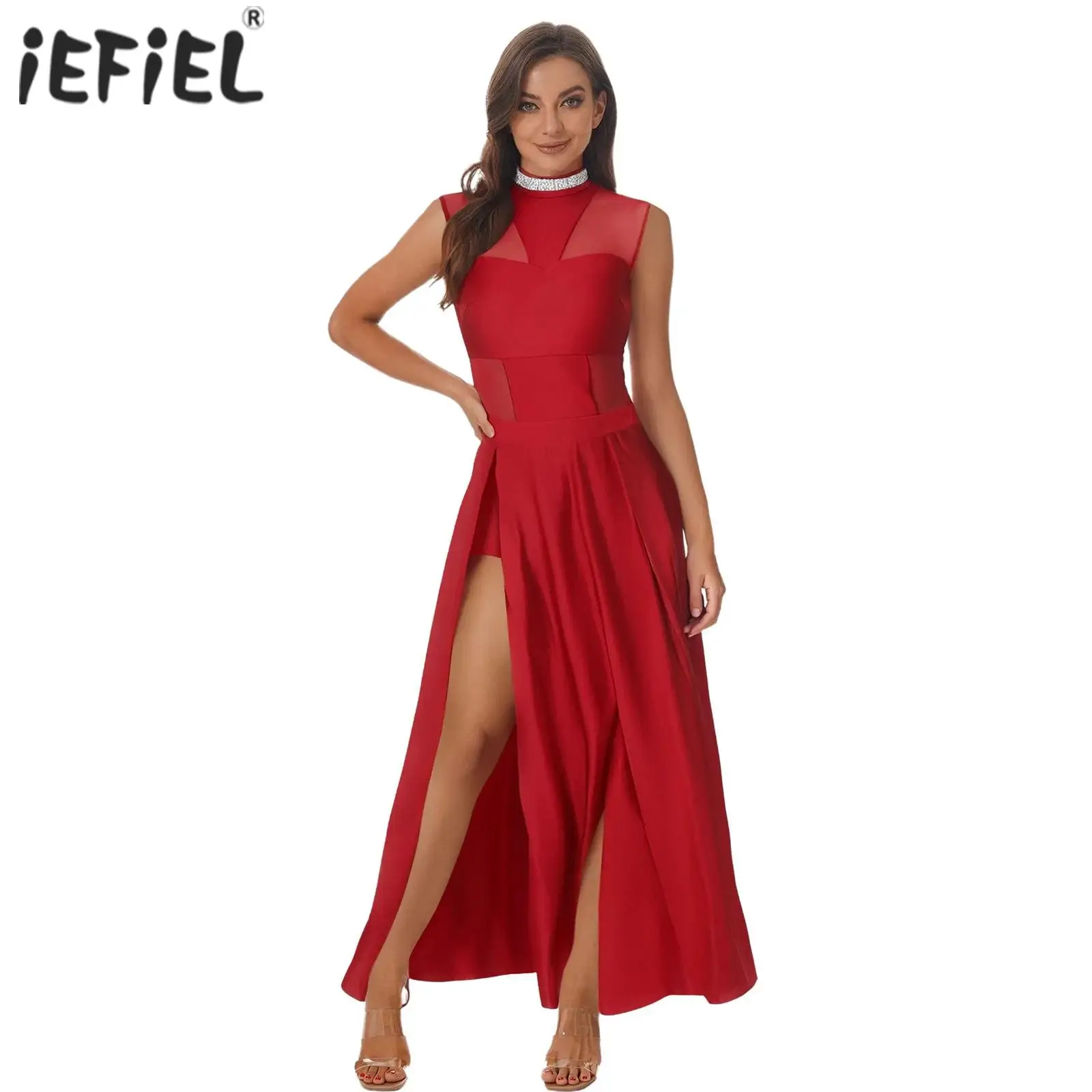 

Женские балетные танцевальные комплекты, лирический наряд, сетчатый лоскутный гимнастический трико с открытой спиной, боди и макси-юбка с разрезом подол, танцевальный костюм