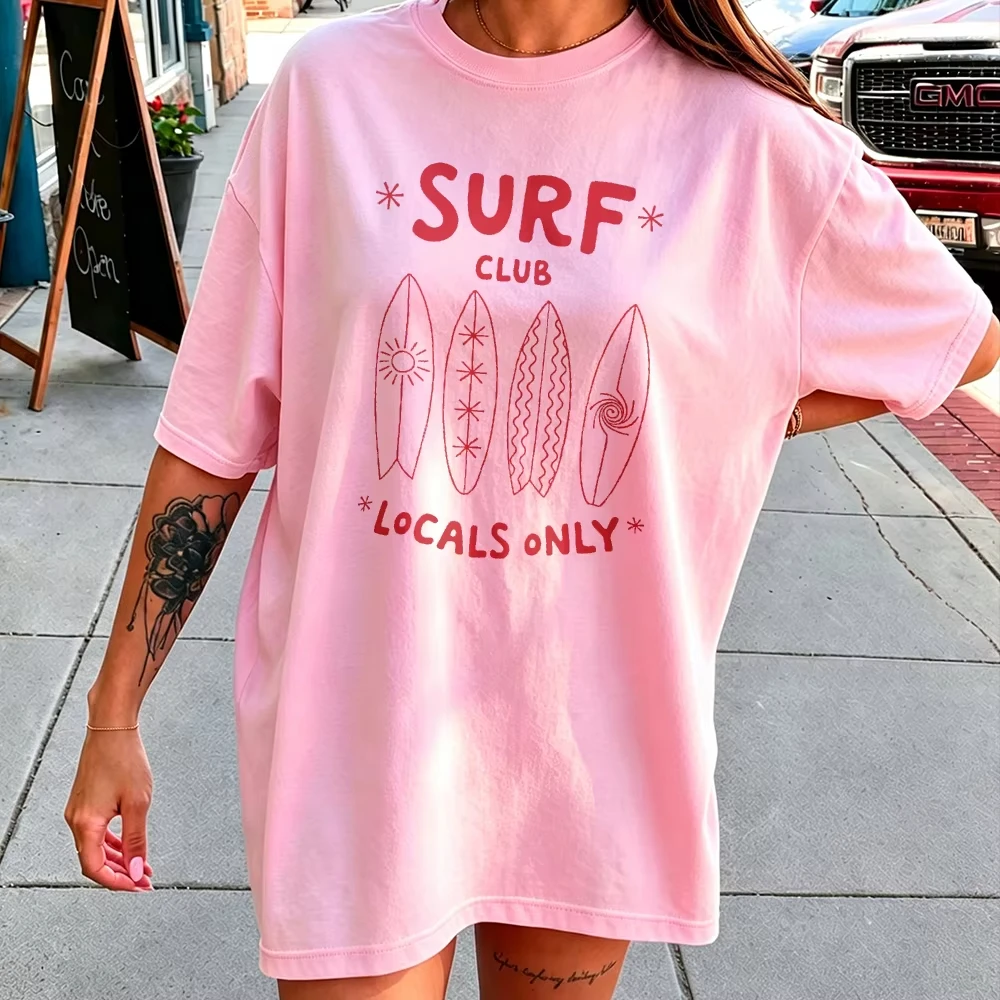 Women Surf Club Locals Only Surfboard Sketch Print T Shirt Red Distressed Graphic Crew Neck Short Sleeve Heather Cotton Tee Tops