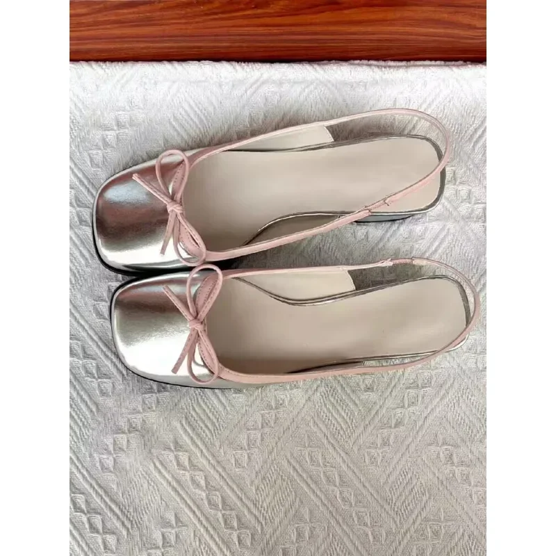 Zapatos planos plateados con punta cuadrada para mujer, zapatillas planas de Ballet, Sandalias cómodas con lazo, verano, 2023